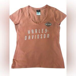 Harley-Davidson Coral Graphic V-Neck Tee Hollywood Back Logo Moto Biker Shirt XS